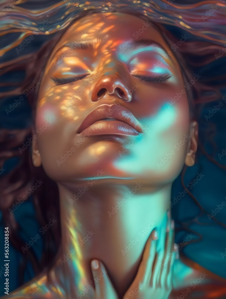 beautiful underwater model woman golden light, iridescent, portrait, eyes closed, generative ai
