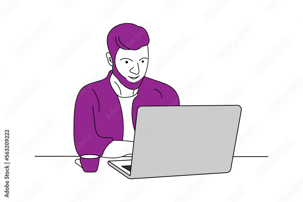 Illustration of a pupal color flat character boy laptop use with tea line art vector design Illustration of a pupal color flat character boy laptop use with tea line art vector design