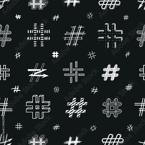 Hashtag Icon Vector Seamless Pattern. Repeat Black and White Background with Hand Drawn Hash Tag Symbols. Doodle Social Media Signs.