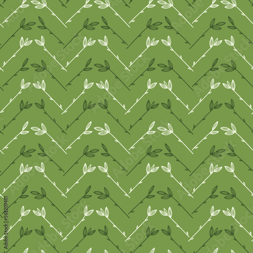 Herringbone seamless pattern. Bamboo or Sugarcane Leaves Vector Seamless Pattern. Chevron Floral Background with Stalk and Leaf. Green Wallpaper with Plants