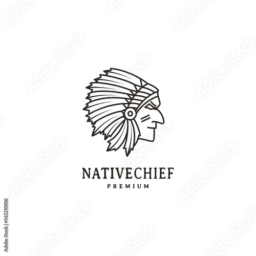 native indian chief headdress vintage logo design illustration with line art style 2