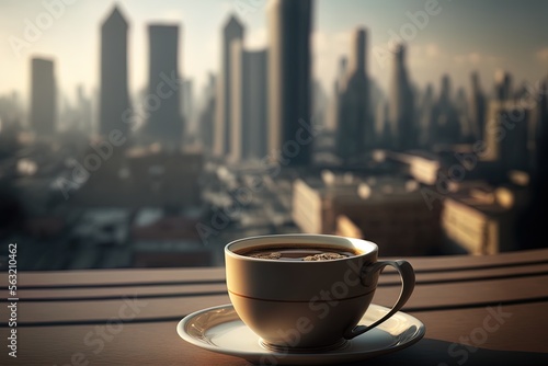 A cup of coffee on a balcony with a blurred cityscape and an empty copy space for background, website, or wallpaper generative ai