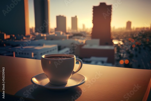 A cup of coffee on a balcony with a blurred cityscape and an empty copy space for background, website, or wallpaper generative ai