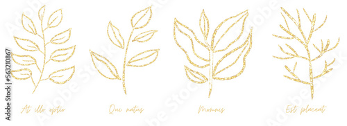 Gold outline doodle art leaves
