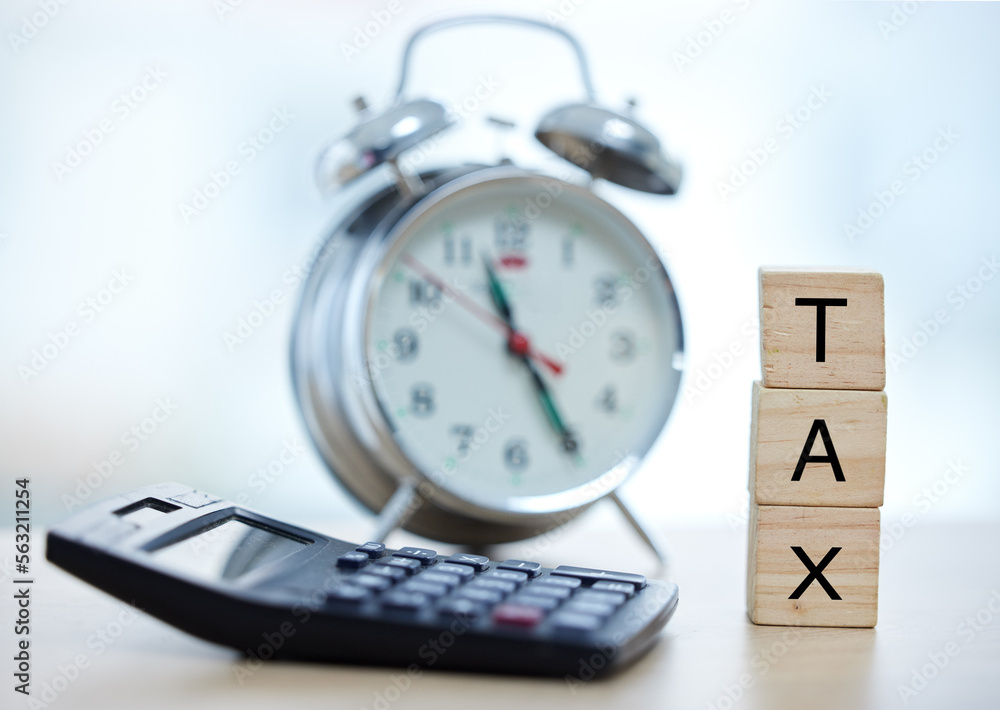 Tax finance accounting, clock and calculator for government law compliance, file income revenue return or self assessment. Building blocks, alarm time watch and financial audit for taxes payment