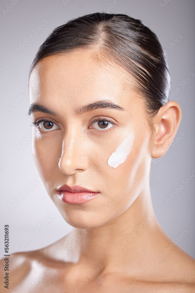 Beauty, cosmetics and face of woman with cream for luxury healthcare, wellness routine or facial acne prevention. Spa salon, dermatology skincare and aesthetic self care model with collagen product Beauty, cosmetics and face of woman with cream for luxury healthcare, wellness routine or facial acne prevention. Spa salon, dermatology skincare and aesthetic self care model with collagen product
