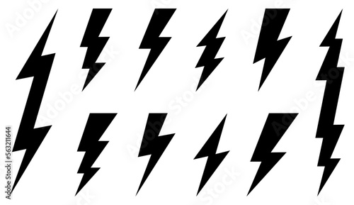 Set of 10 black lightnings flat icons. Thunderbolts icons isolated on white background. Vector illustration