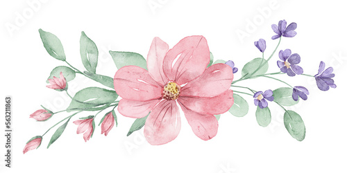 Pink flowers watercolor, floral clipart. Bouquet blush wildflowers perfectly for printing design on invitations, cards and other. Isolated on white background. Hand painting.