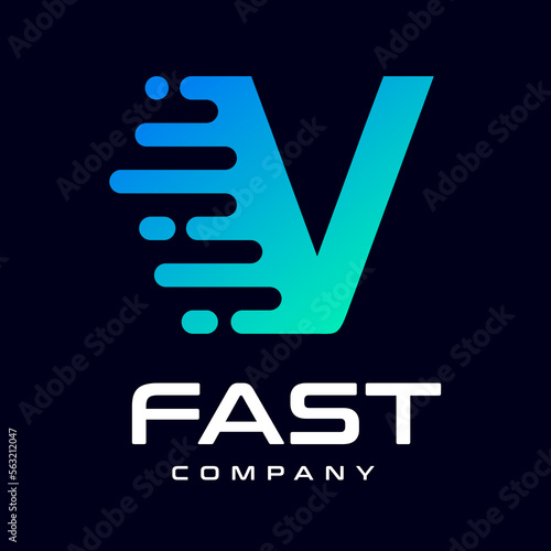 Modern Fast letter V vector logo. This font with speed or moving symbol and blue color. Suitable for motion, sport, delivery business and alphabet.