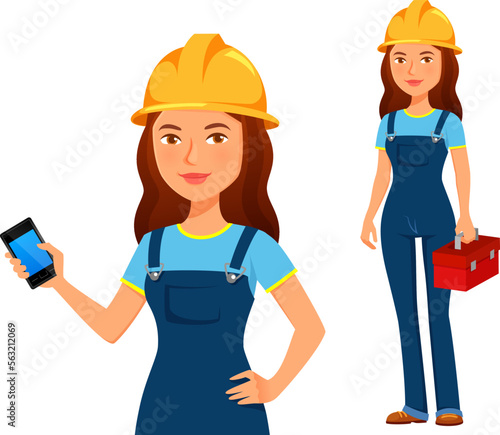 funny cartoon repairwoman or construction worker with safety hat, holding a toolbox or a cell phone