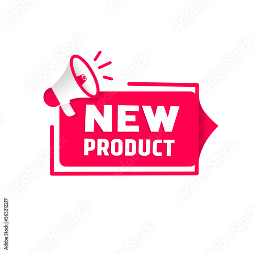 New product banner megaphone icon. Flat vector design.