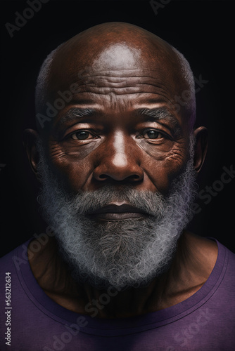 Portrait of a old black man in a purple shirt, created with generative A.I. technology.