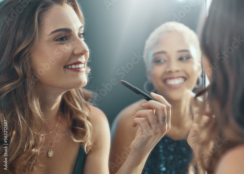 Photos Makeup, smile and women getting ready for a party, social celebration and lipstick for an event
