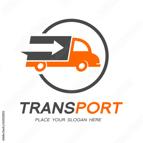 Transportation or delivery vector logo template. Moving truck with shipping package. Car with high speed and suitable for shipment, company, logistic and circle badge.