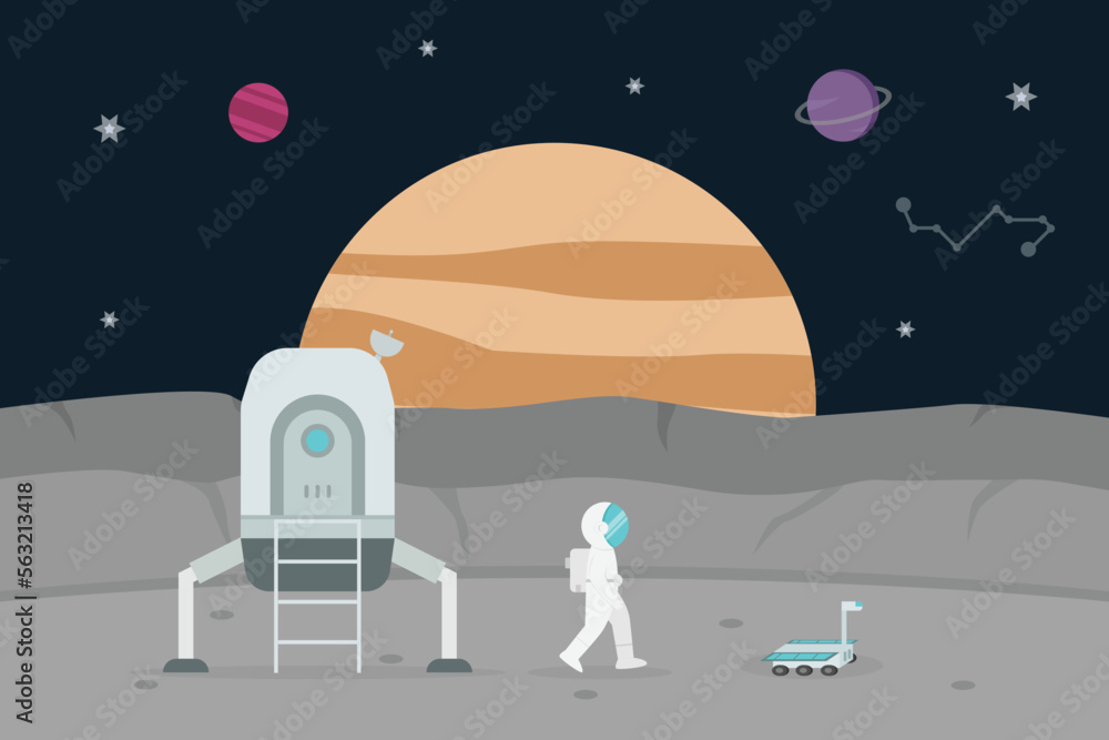 Obraz premium Astronaut landing and walking on a planet