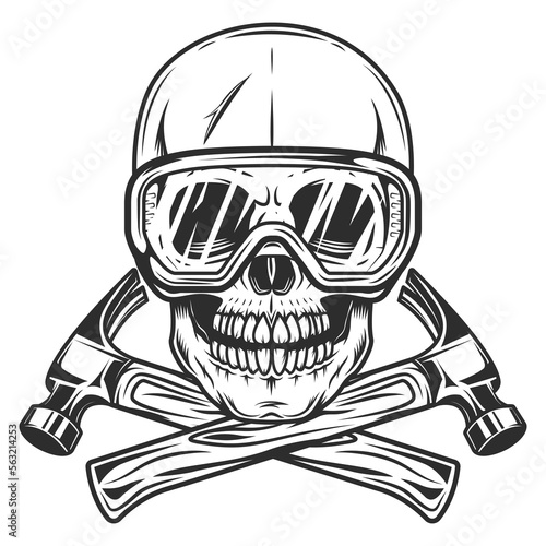Skull with safety glasses builder crossed hammers from new construction and remodeling house business in monochrome vintage style illustration