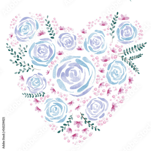 Loose Watercolor Floral Heart of Blue Roses