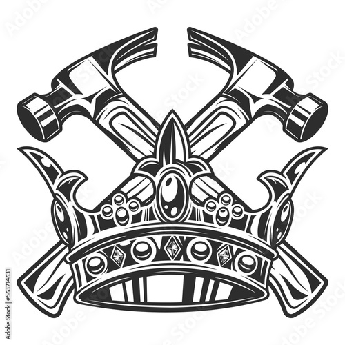 Business builder crossed hammers from new construction and remodeling house with king royal crown vintage illustration