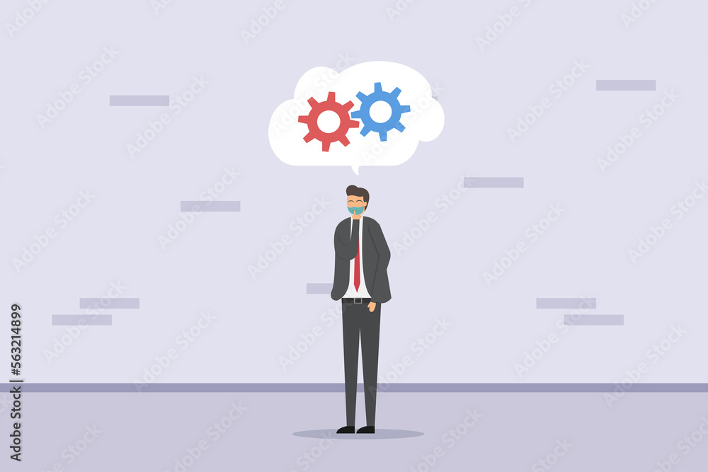 Businessman wearing face mask and thinking gears Businessman wearing face mask and thinking gears
