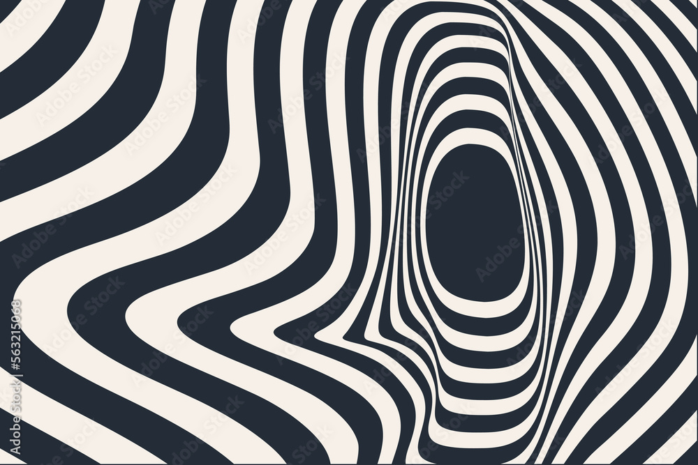 Optical art liquid strip. Pattern psychedelic with black and white line. Background sound signal for brochure, flyer, card, banner or cover. Vector illustration. Optical art liquid strip. Pattern psychedelic with black and white line. Background sound signal for brochure, flyer, card, banner or cover. Vector illustration.