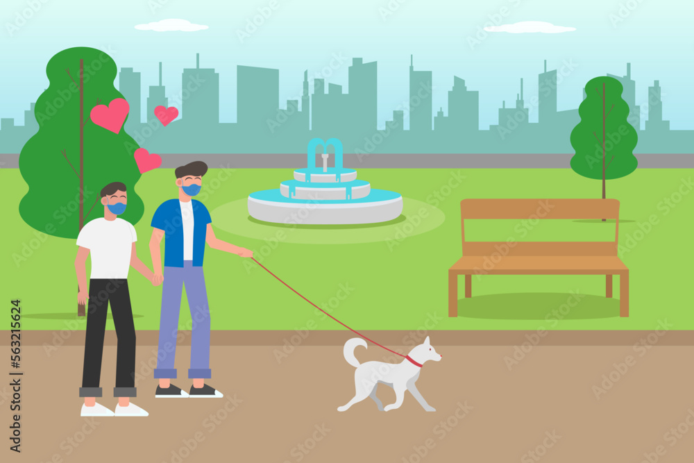 Naklejka premium Gay couple walking in the park with pet