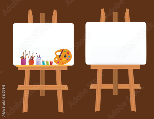 Easel with canvas, Watercolours, Paint Palette, Brushes, Acrylic paint	