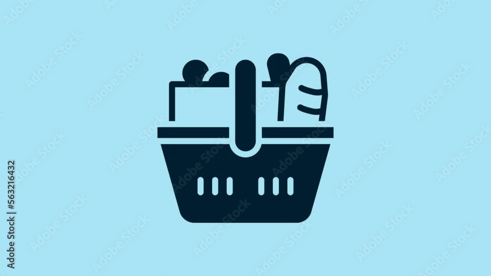 Blue Shopping basket and food icon isolated on blue background. Food store, supermarket. 4K Video motion graphic animation Blue Shopping basket and food icon isolated on blue background. Food store, supermarket. 4K Video motion graphic animation