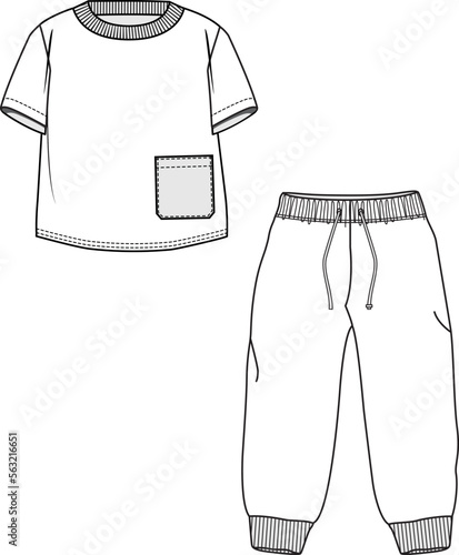 KIDS WEAR TEE AND JOGGER  PAJAMA SET FASHION FLAT DESIGN VECTOR
