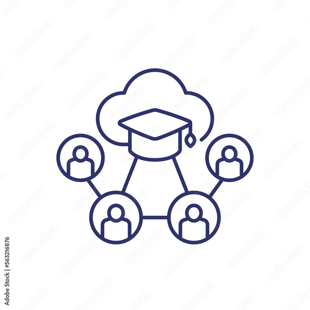 online education, e-learning line icon with students online education, e-learning line icon with students
