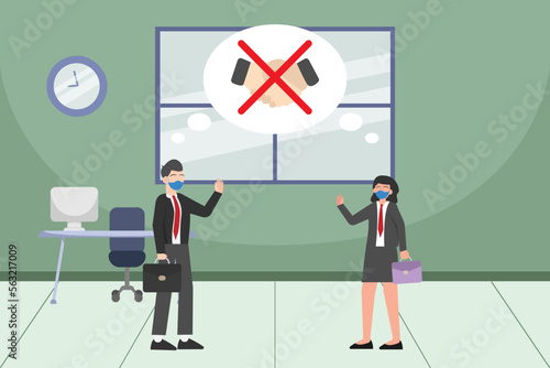 Young man and woman doing greeting with waving hands