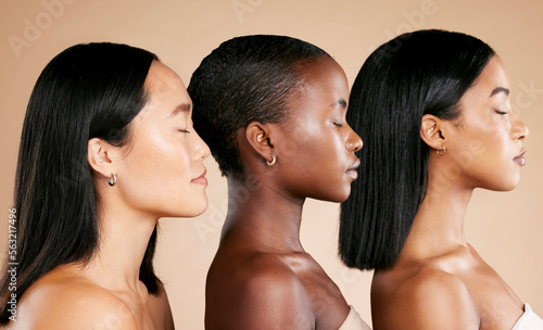 Diversity, beauty and women, face and profile with skincare, natural cosmetics and makeup isolated on studio background. Cosmetic glow, different skin color and wellness, dermatology and facial