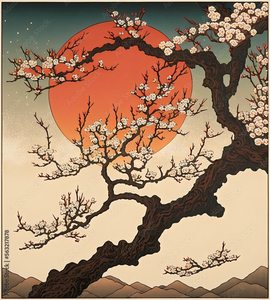 Cherry blossom tree japanese woodblock print style created with AI Stock Illustration Adobe Stock