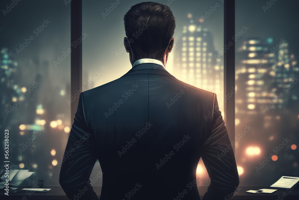 Back of the manager is standing and looking out to the office window with cityscape on background, A businessman challenge concept. Generative Ai image.