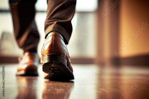 Close-up at heel of the manager is wearing formal business court shoe is walking on wooden floor at working office, Businessman action. Generative Ai image.
