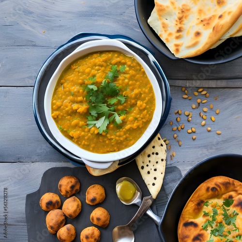 A bowl of lentil dal with a side of naan bread2, Generative AI