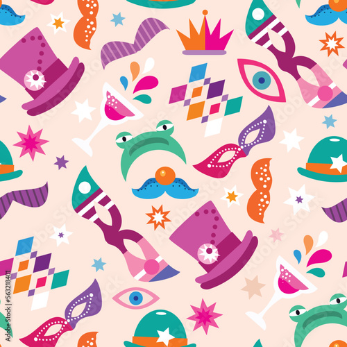 Purim - holiday jewish carnival seamless pattern Carnival mask, Hamantashen, confetti, clown, garland, hat, firework, Purim Jewish festival concept Vector festive illustration 