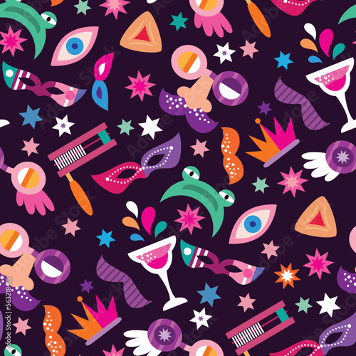 Purim - holiday  jewish carnival  seamless pattern   Carnival mask, Hamantashen, confetti, clown, garland, hat, firework,  Purim Jewish festival concept  Vector festive illustration
