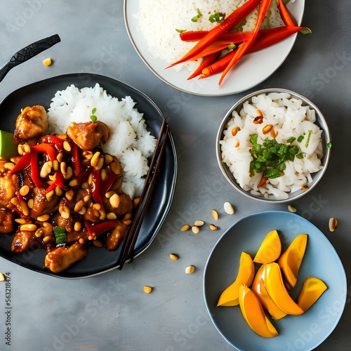 A plate of kung pao chicken with steamed rice1, Generative AI photo