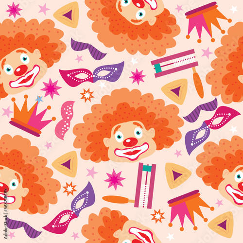 Purim - holiday  jewish carnival  seamless pattern   Carnival mask, Hamantashen, confetti, clown, garland, hat, firework,  Purim Jewish festival concept  Vector festive illustration
