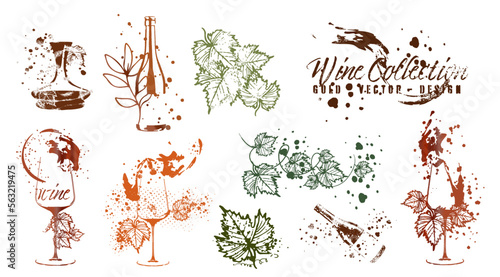 Vector hand drawn template illustration of wine  bottles and glasses. Art for menu  shop  market or sale. Wine bottles with wine squirts. Sketchy collection of grape leaves and different wine elements