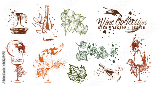 Vector hand drawn template illustration of wine, bottles and glasses. Art for menu, shop, market or sale. Wine bottles with wine squirts. Sketchy collection of grape leaves and different wine elements
