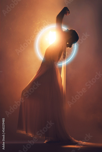 Obraz na plátně Orange lighting, art deco and silhouette of woman with neon circle for creative, fantasy and beauty