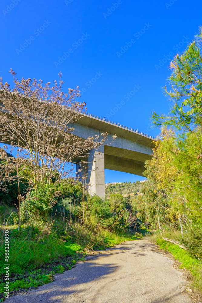 Footpath and an overhead highway, Nahal Giborim