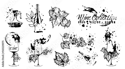 Vector hand drawn template illustration of wine, bottles and glasses. Art for menu, shop, market or sale. Wine bottles with wine squirts. Sketchy collection of grape leaves and different wine elements