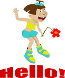 Sticker comic with a funny girl. Hello! Merry postcard.