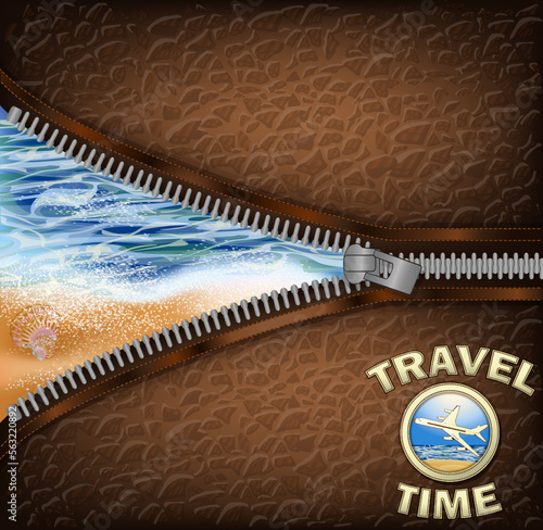 Travel Time vip card with zipper and sea shell, vector illustration
