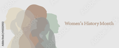 Banner with silhouettes of different women and text Women's History Month on light background