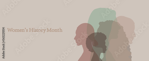 Banner with silhouettes of different women and text Women's History Month on light background