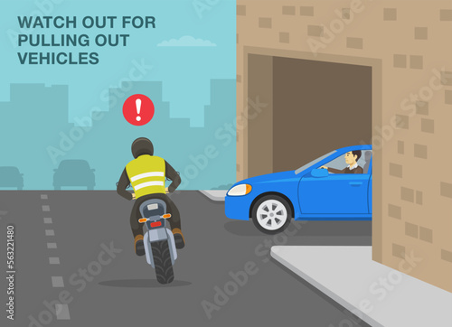 Safe motorcycle riding rules and tips. Watch out for pulling out vehicles. Car going through the building arch. Back view of a biker is about to hit a sedan car. Flat vector illustration template.