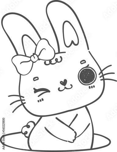 cute happy smile bunny rabbit kawaii animal in hole with carrot cartoon doodle outline